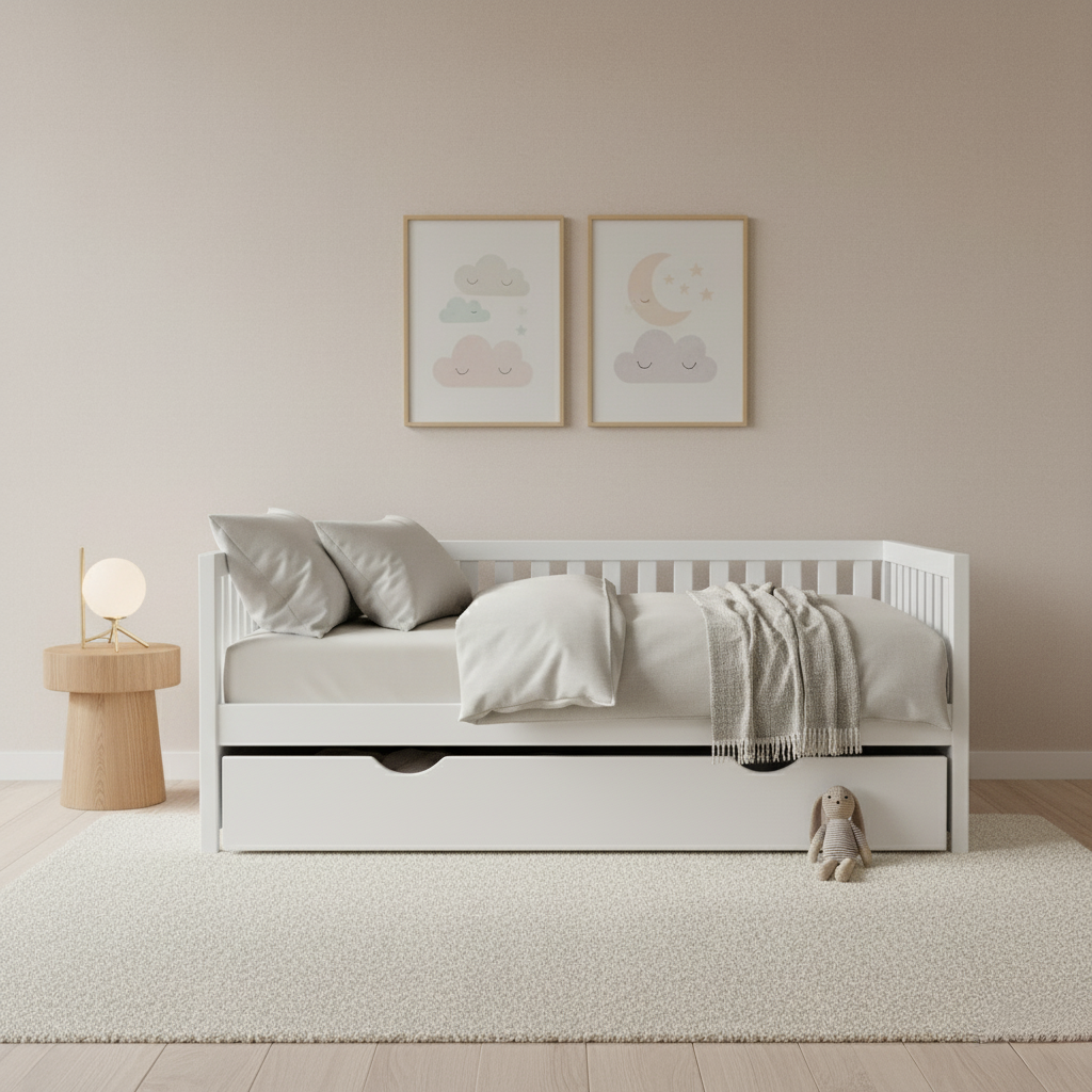 Small Space Nursery Layout With Daybed & Trundle